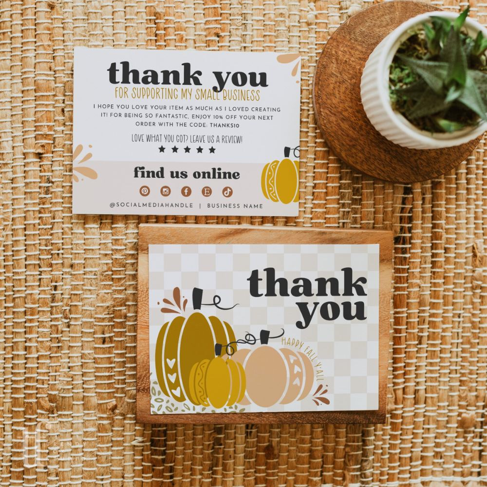 Fall Business Thank You Card Canva Template | Retro Checkered Pumpkin - Trendy Fox Studio