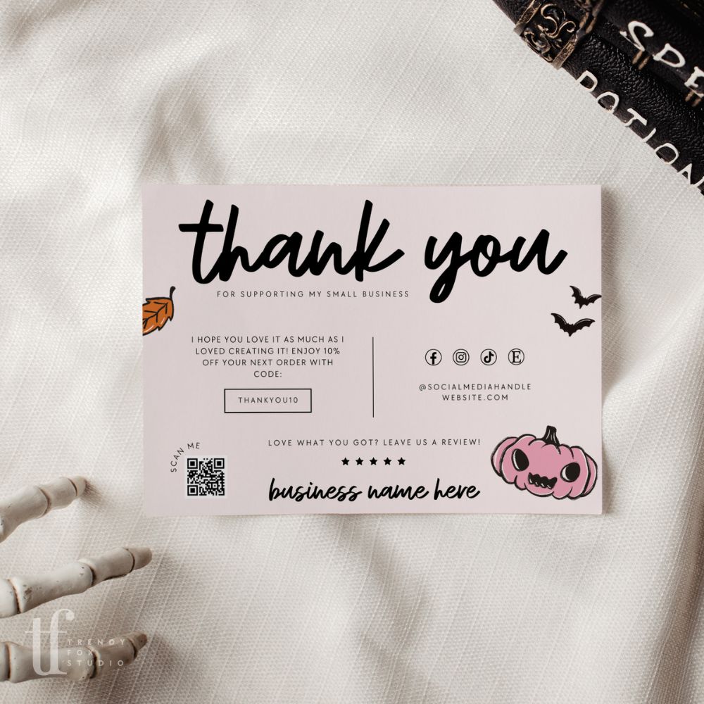 Halloween Business Thank You Card Canva Template | Preppy Cozy Pink Gingham - Trendy Fox Studio