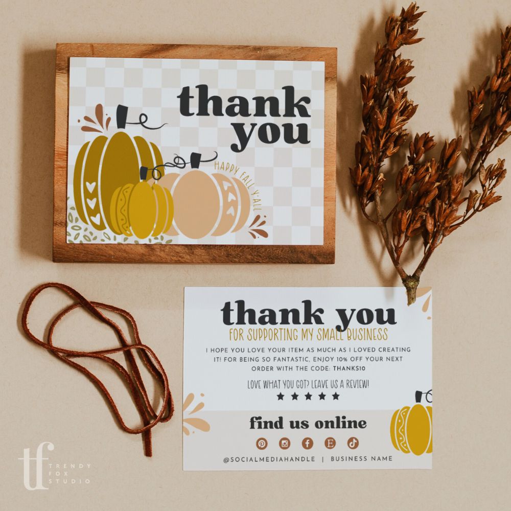 Fall Business Thank You Card Canva Template | Retro Checkered Pumpkin - Trendy Fox Studio