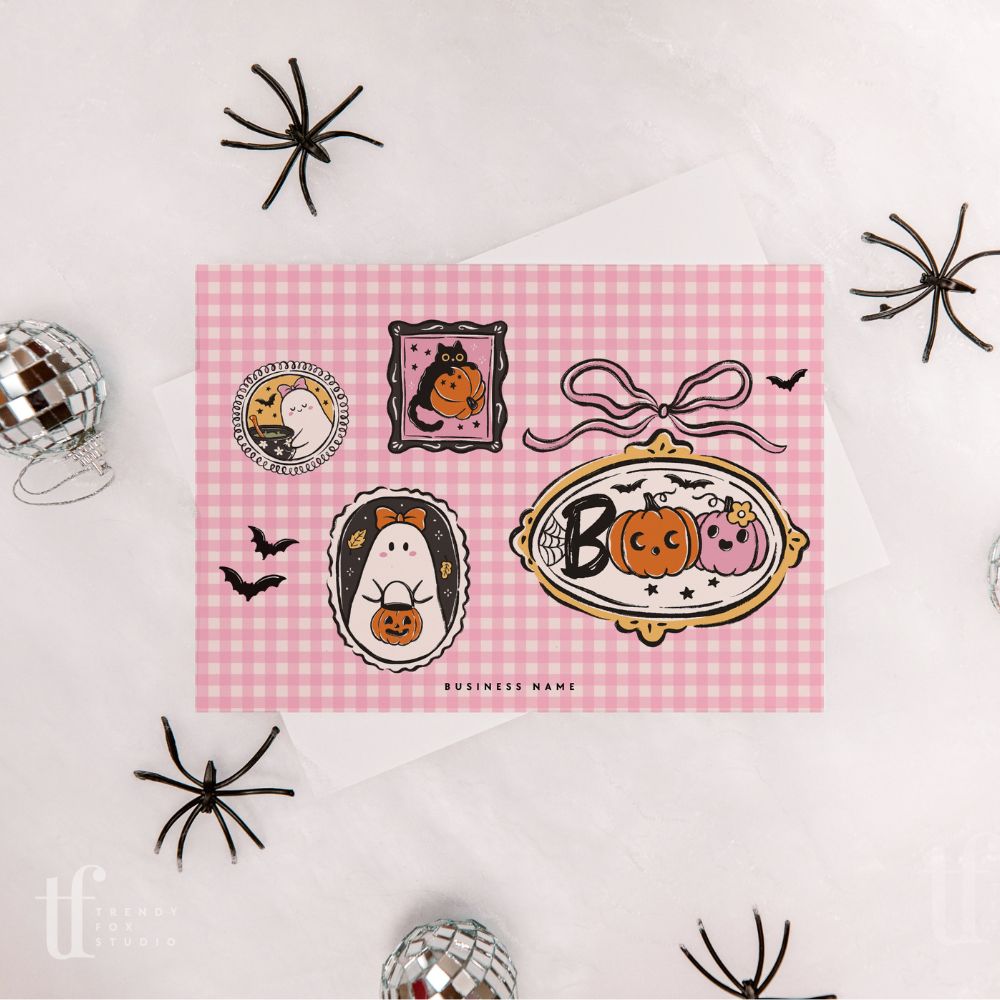 Halloween Business Thank You Card Canva Template | Preppy Cozy Pink Gingham - Trendy Fox Studio