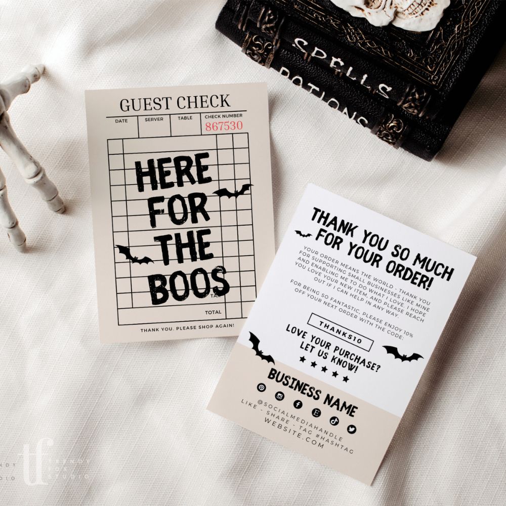 Trendy Guest Check Halloween Business Thank You Card Canva Template | Here For The Boos