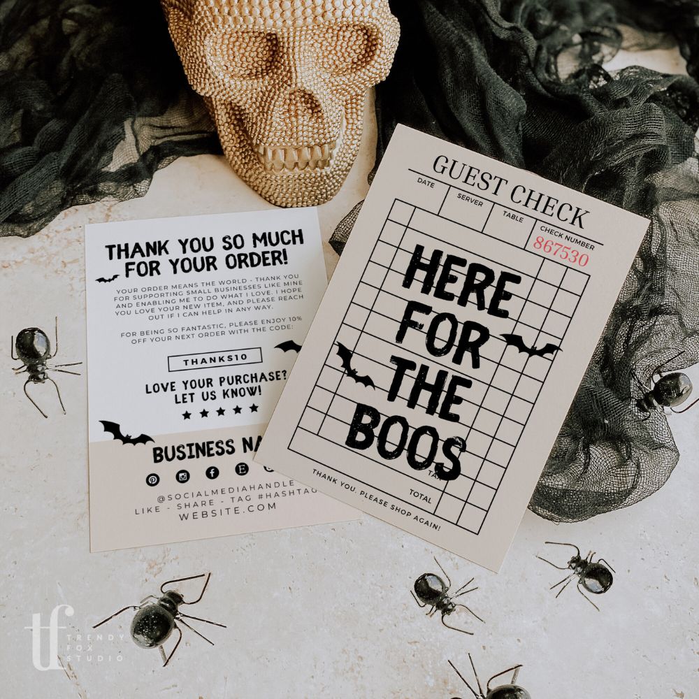 Trendy Guest Check Halloween Business Thank You Card Canva Template | Here For The Boos