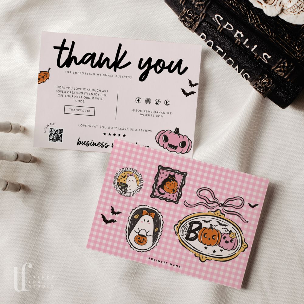 Halloween Business Thank You Card Canva Template | Preppy Cozy Pink Gingham - Trendy Fox Studio