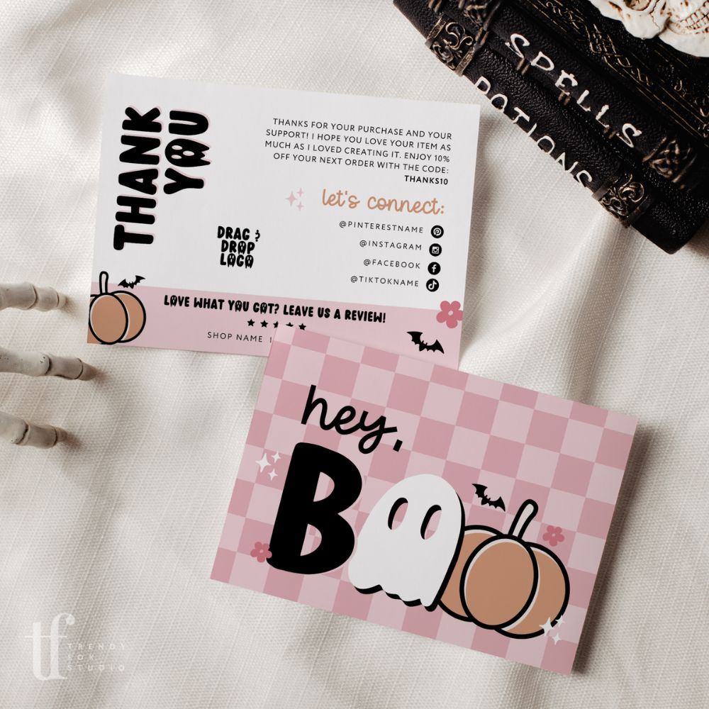 Halloween Business Thank You Card Canva Template | Pink Retro Ghost Pumpkin - Trendy Fox Studio