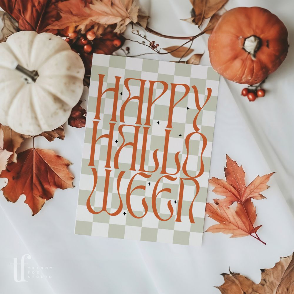 Aesthetic Checkered Halloween Business Thank You Card Editable Canva Template - Trendy Fox Studio