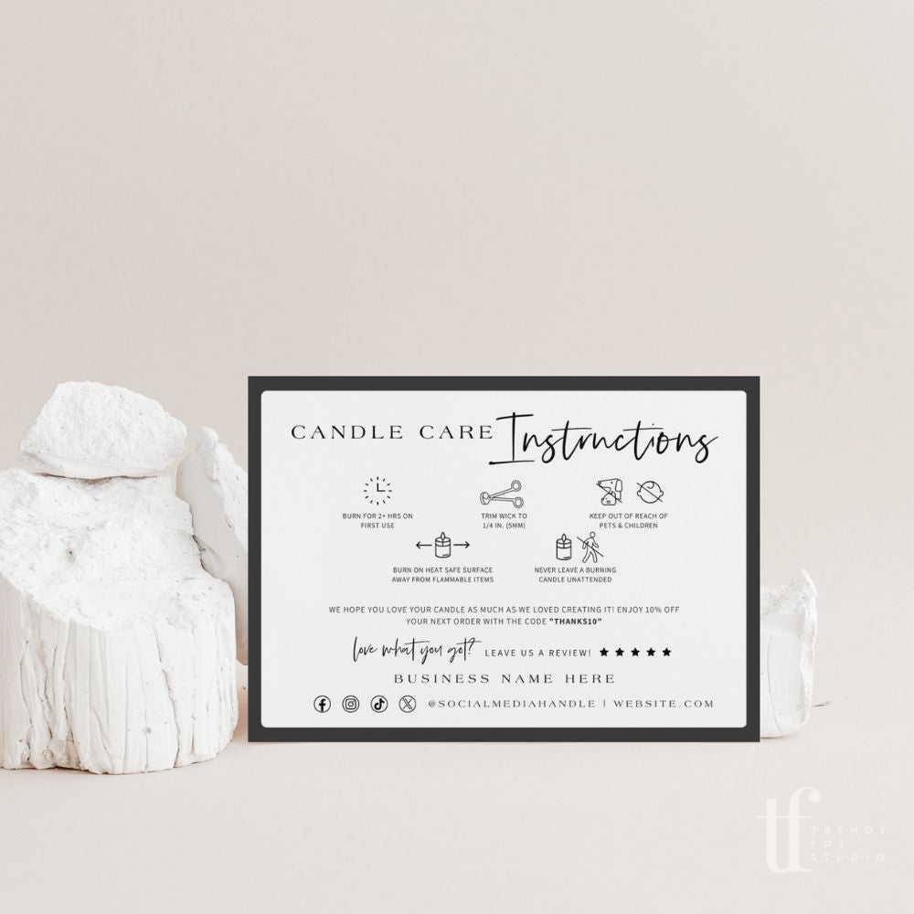 Black Candle Care Card with Icons and Business Thank You Canva Template | Ashe - Trendy Fox Studio