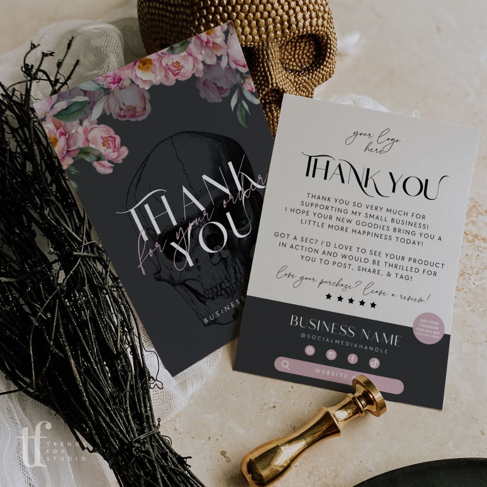 Black Gothic Halloween Business Thank You Card Canva Template | Coquette Goth - Trendy Fox Studio