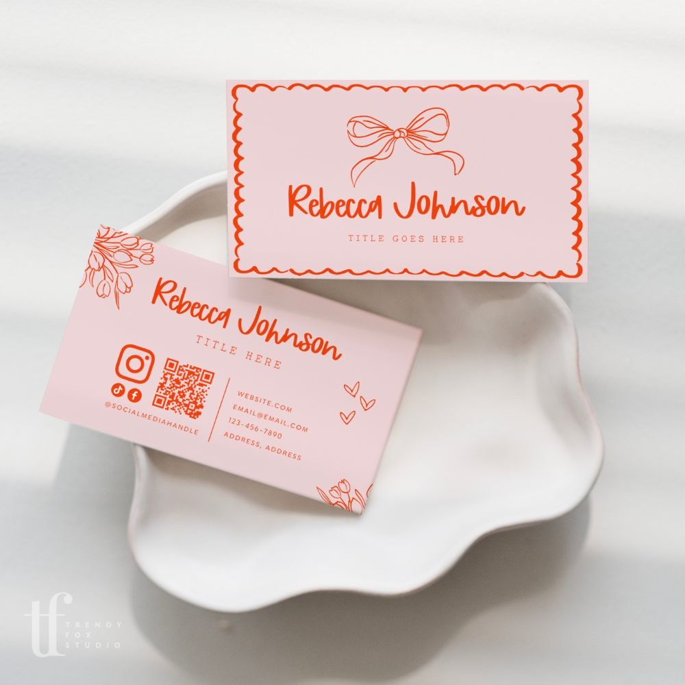 Coquette Bows Wavy Border Business Card with QR Code Canva Template | Cielo - Trendy Fox Studio