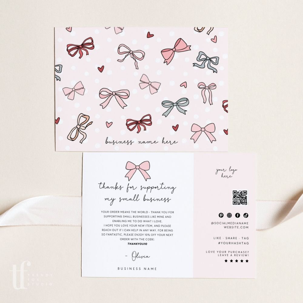 Coquette Pink Bows Business Thank You Card with QR Code Canva Template - Trendy Fox Studio