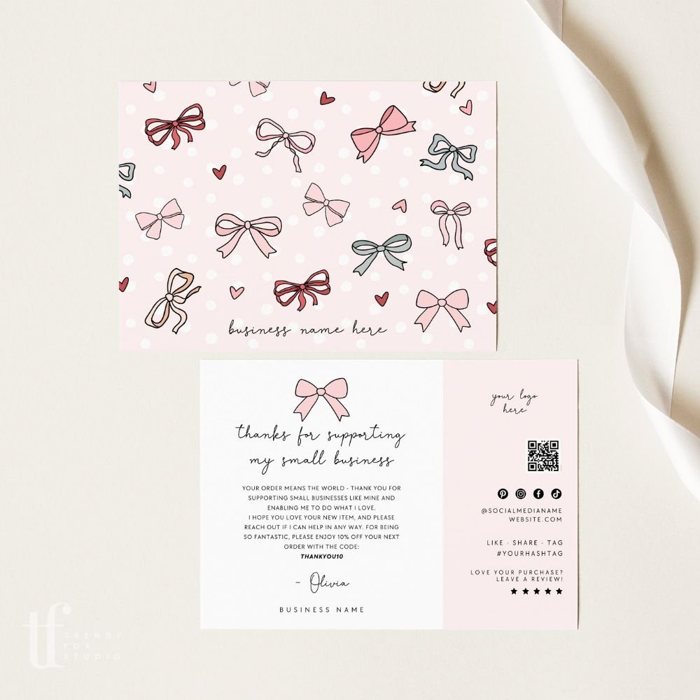 Coquette Pink Bows Business Thank You Card with QR Code Canva Template - Trendy Fox Studio