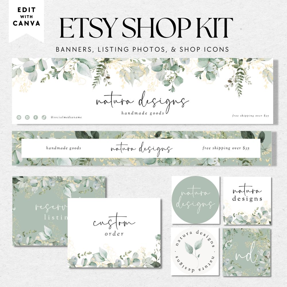 Greenery Botanical Etsy Shop Kit Canva Template | Etsy Banner, Listing ...