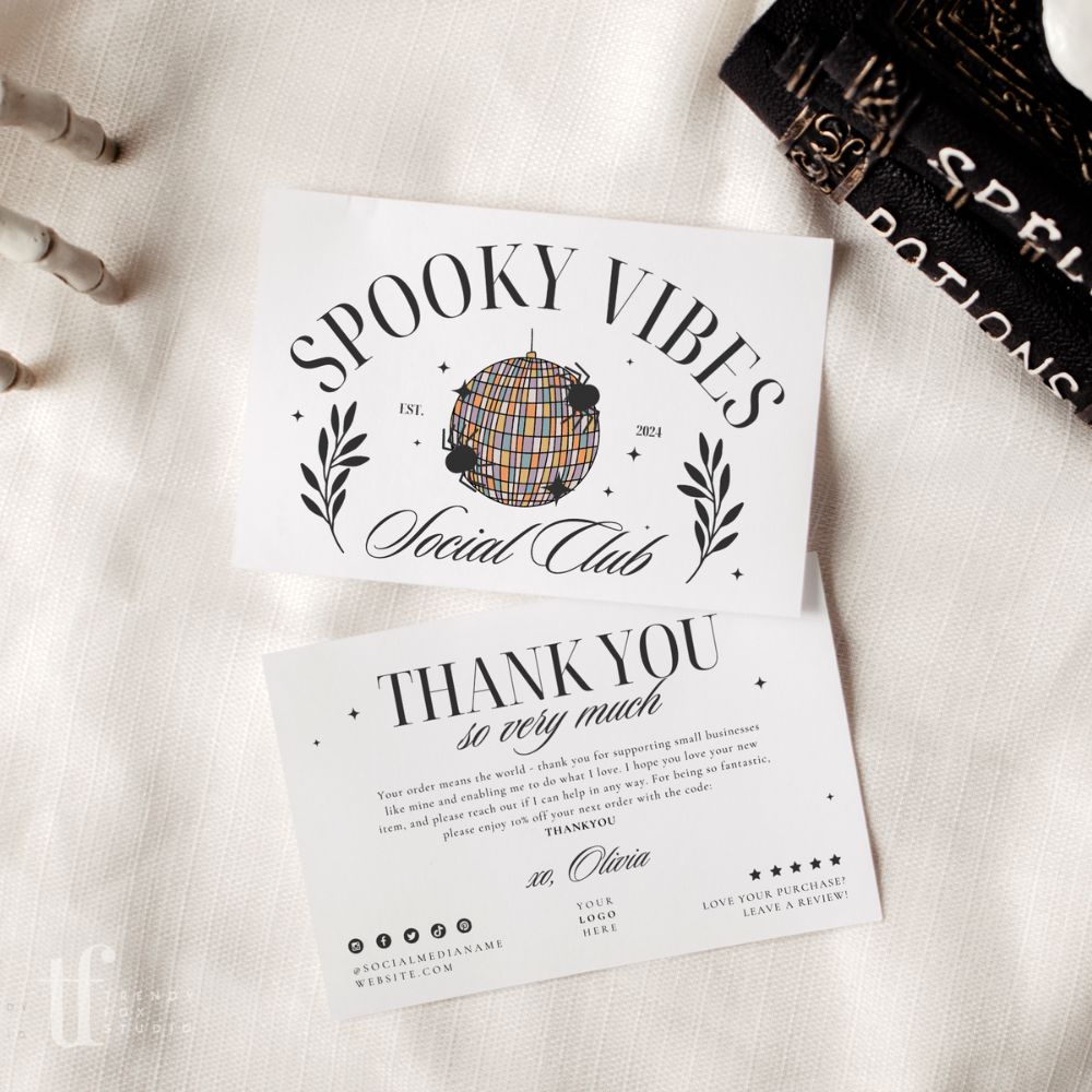 Halloween Social Club Business Thank You Card Canva Template | Goth Disco Ball - Trendy Fox Studio