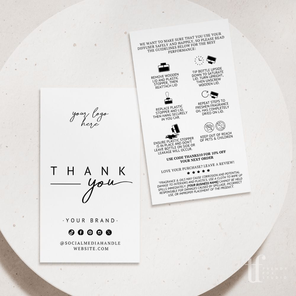 Modern Minimal Car Diffuser Care and Thank You Business Card Canva Template | April - Trendy Fox Studio
