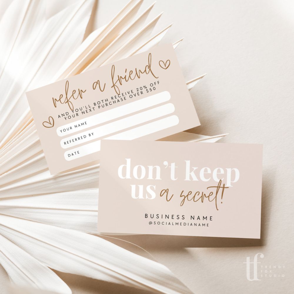 Neutral Boho Refer A Friend Discount Card Canva Template | Boh - Trendy Fox Studio