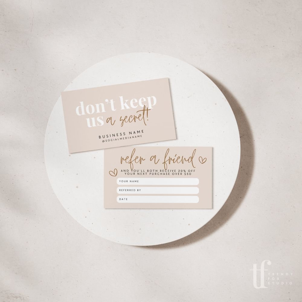 Neutral Boho Refer A Friend Discount Card Canva Template | Boh - Trendy Fox Studio