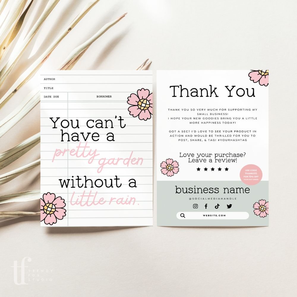 Positive Affirmation Book Library Card Business Thank You Card Canva Template - Trendy Fox Studio
