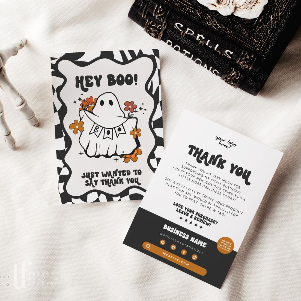 Retro Halloween Hey Boo Business Thank You Card Canva Template | Spooky Cute Ghost - Trendy Fox Studio