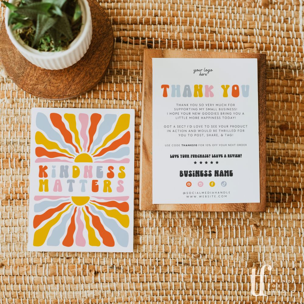 Retro Rainbow Sun Business Thank You Card Canva Template - Trendy Fox Studio
