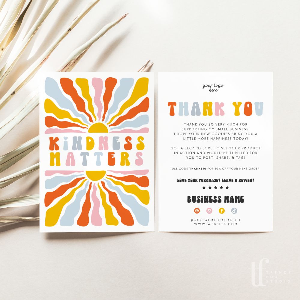 Retro Rainbow Sun Business Thank You Card Canva Template - Trendy Fox Studio