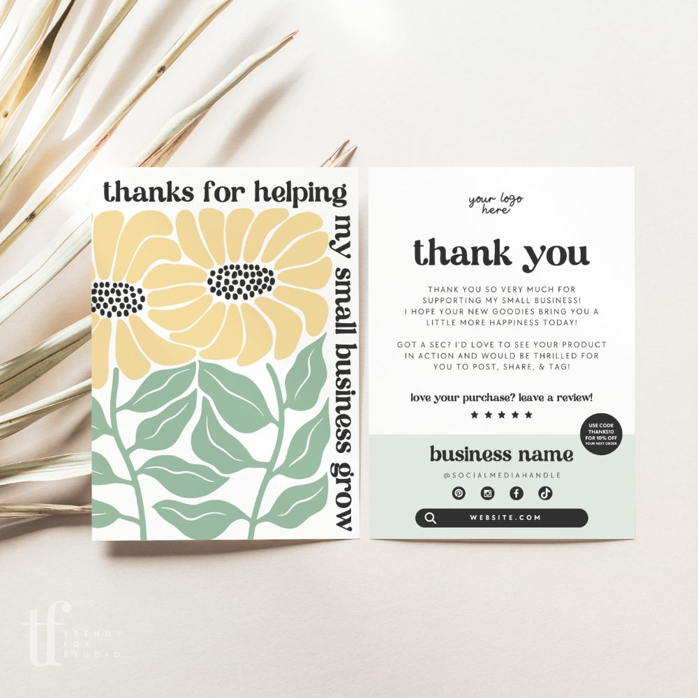 Retro Sunflower Business Thank You Card Canva Template - Trendy Fox Studio