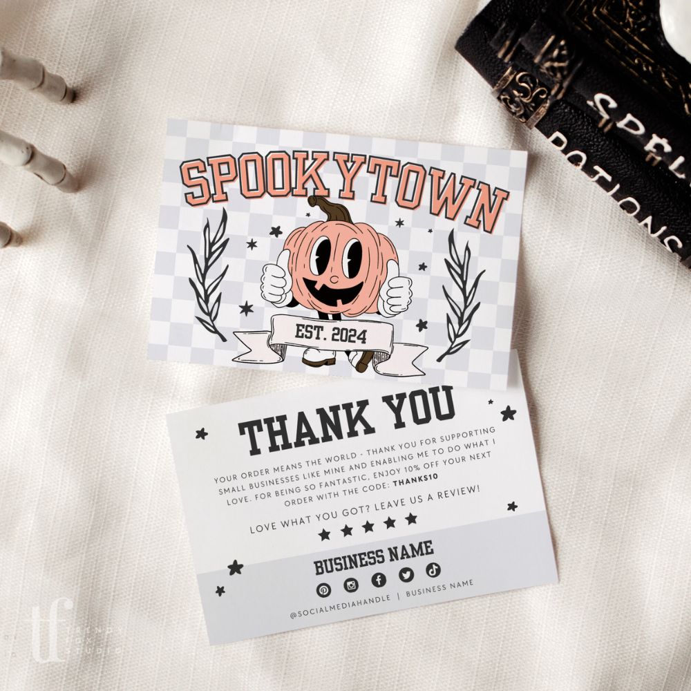 Retro Varsity Pumpkin Mascot Halloween Business Thank You Card Canva Template - Trendy Fox Studio