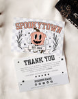 Retro Varsity Pumpkin Mascot Halloween Business Thank You Card Canva Template - Trendy Fox Studio