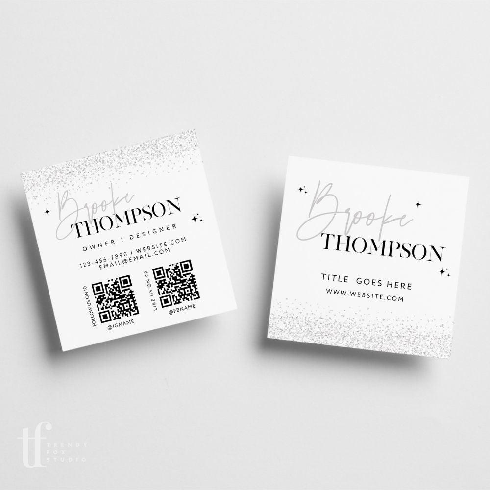 Square Business Card with QR Code Canva Template, Glitter Disco Theme - Trendy Fox Studio