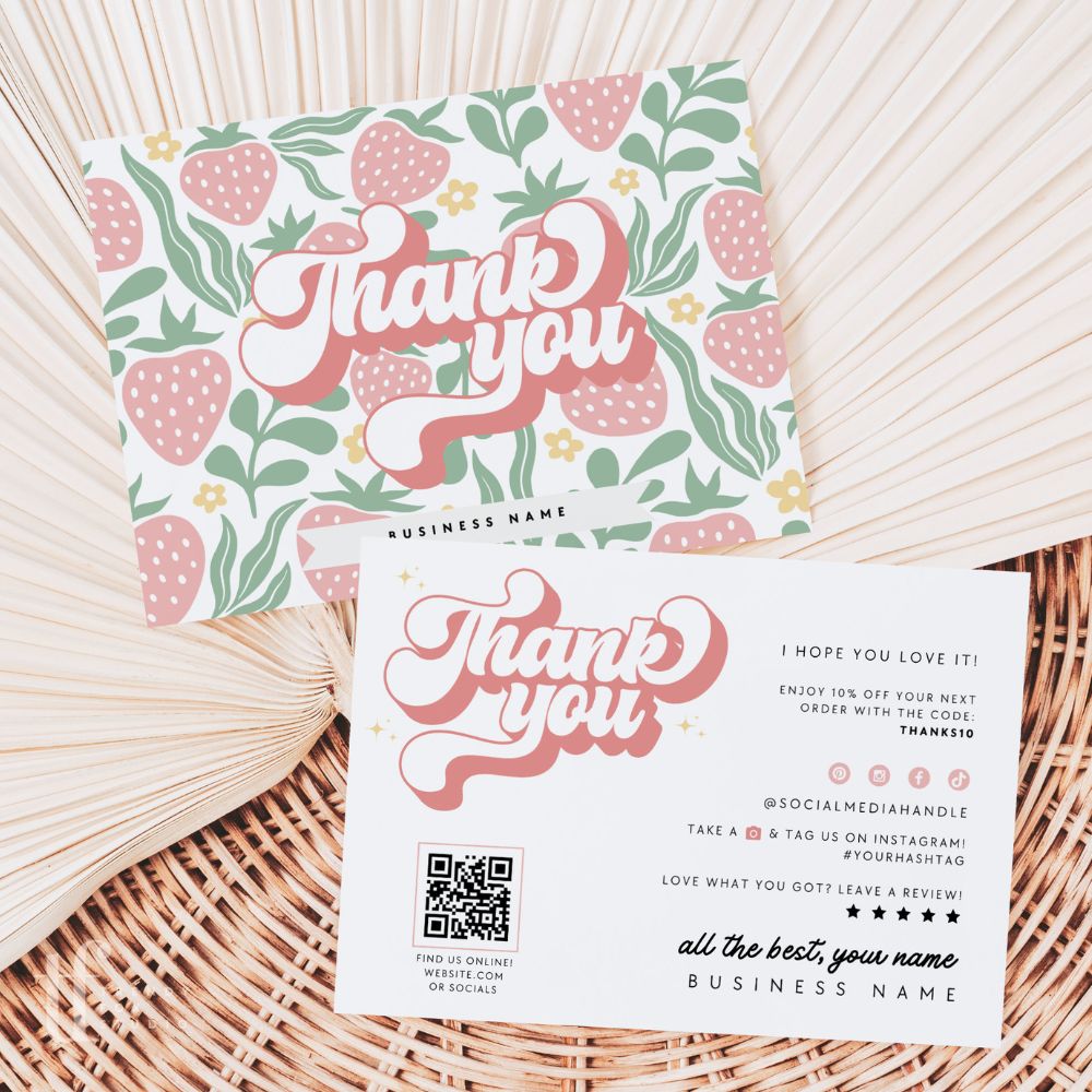 Strawberry Fruit Market Style Retro Business Thank You Card Canva Template - Trendy Fox Studio