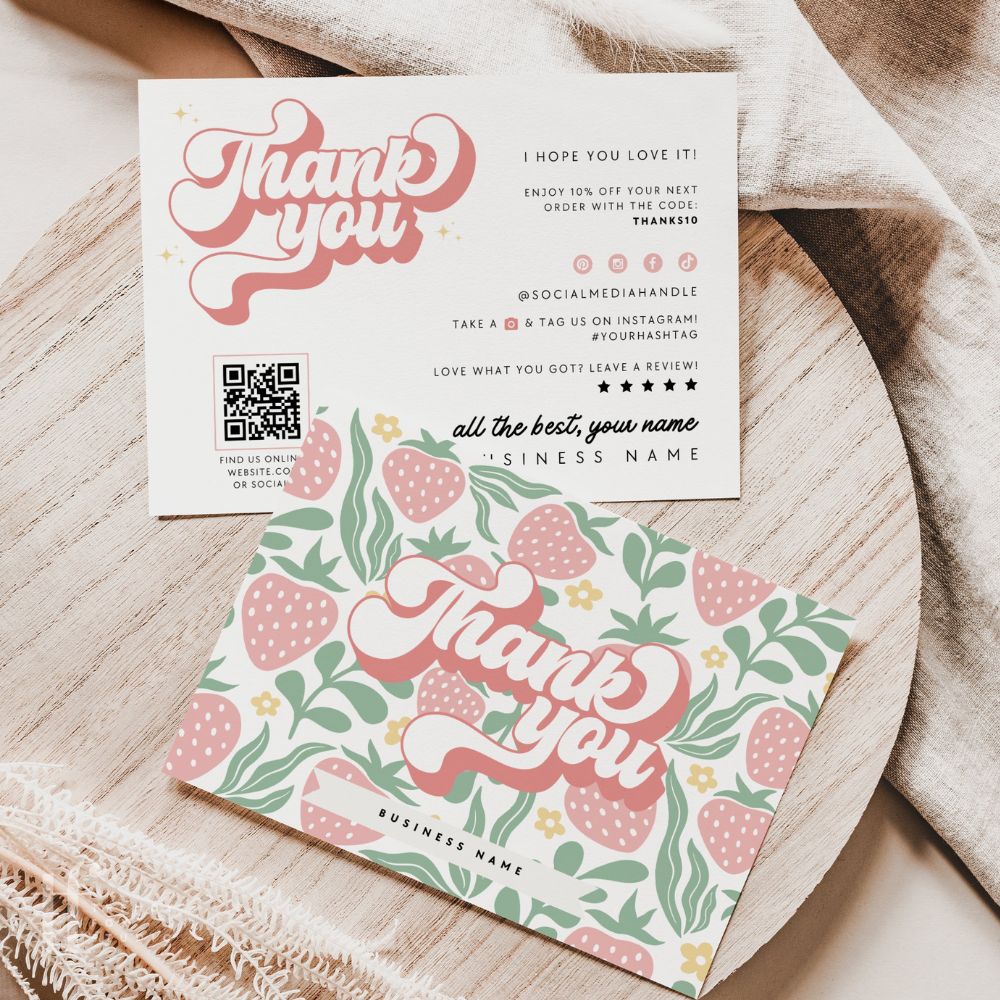 Strawberry Fruit Market Style Retro Business Thank You Card Canva Template - Trendy Fox Studio