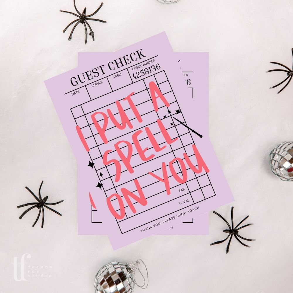 Trendy Guest Check Halloween Business Thank You Card Canva Template | I Put A Spell On You - Trendy Fox Studio