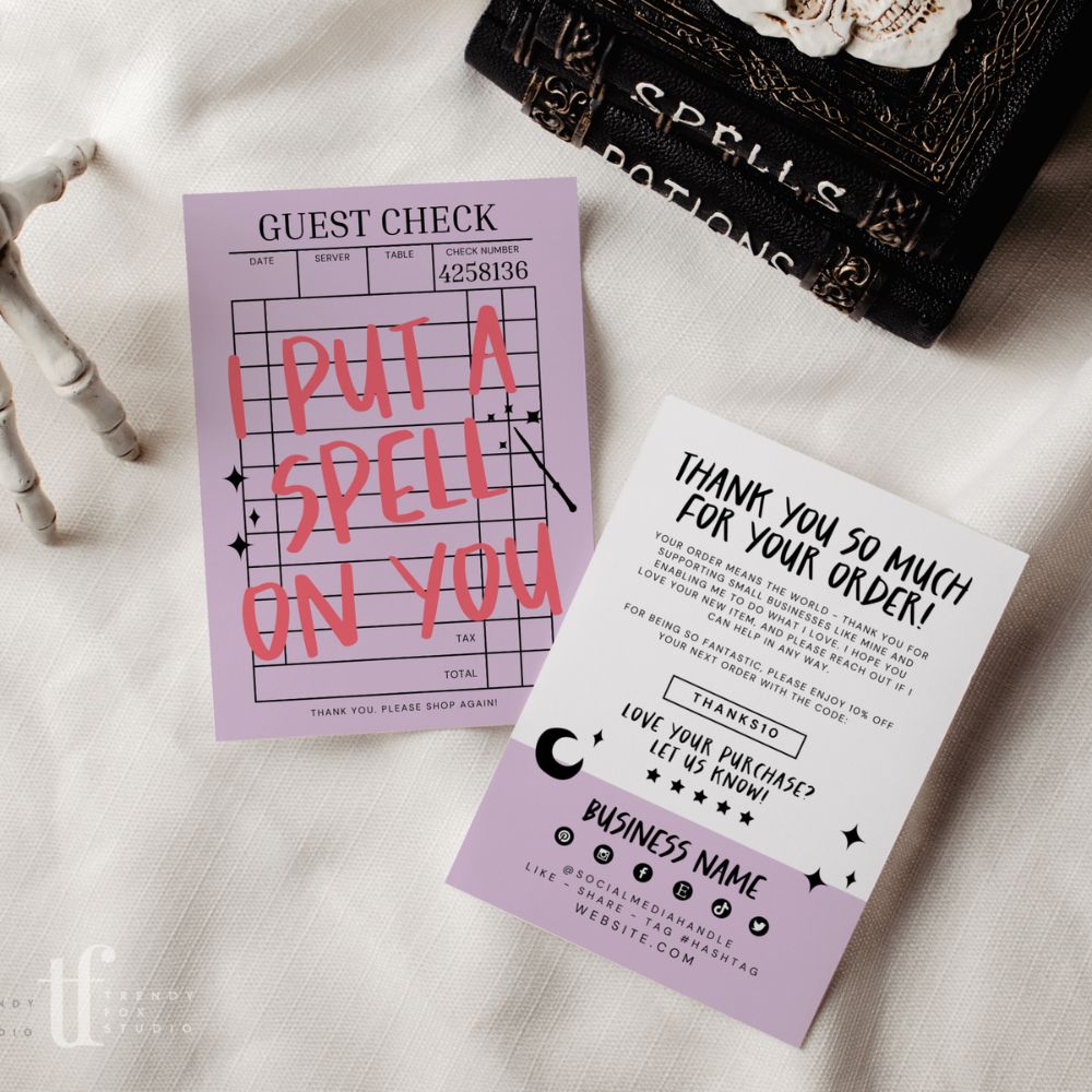 Trendy Guest Check Halloween Business Thank You Card Canva Template | I Put A Spell On You - Trendy Fox Studio
