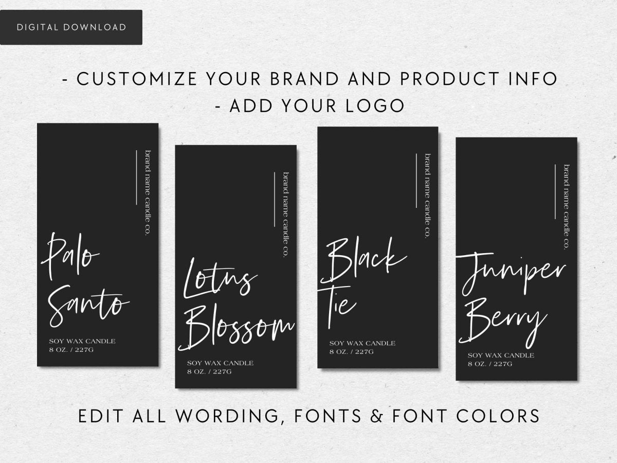 Vertical Thin Black Candle Label Canva Template | Ashe - Trendy Fox Studio