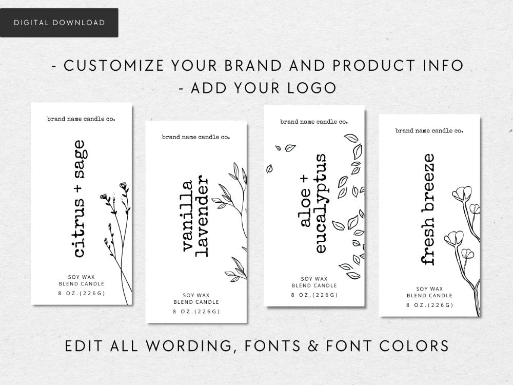 Vertical Thin Rustic Minimal Candle Label Canva Template | Landry - Trendy Fox Studio