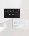 Black Modern Elegant Refer A Friend Discount Card Canva Template | Dash - Trendy Fox Studio