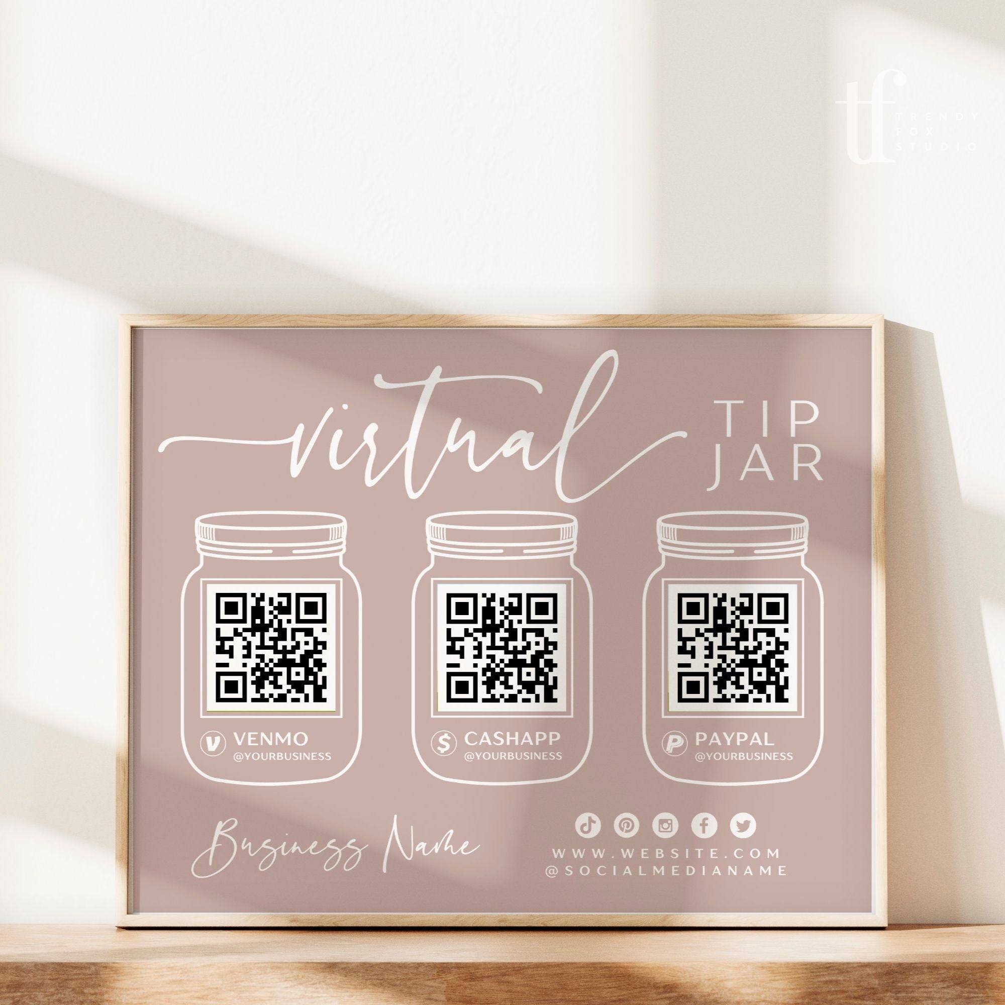 Blush Virtual Tip Jar QR Code Sign Canva Template Vera Trendy Fox blush-virtual-tip-jar-qr-code-sign-canva-template-vera-trendy-fox