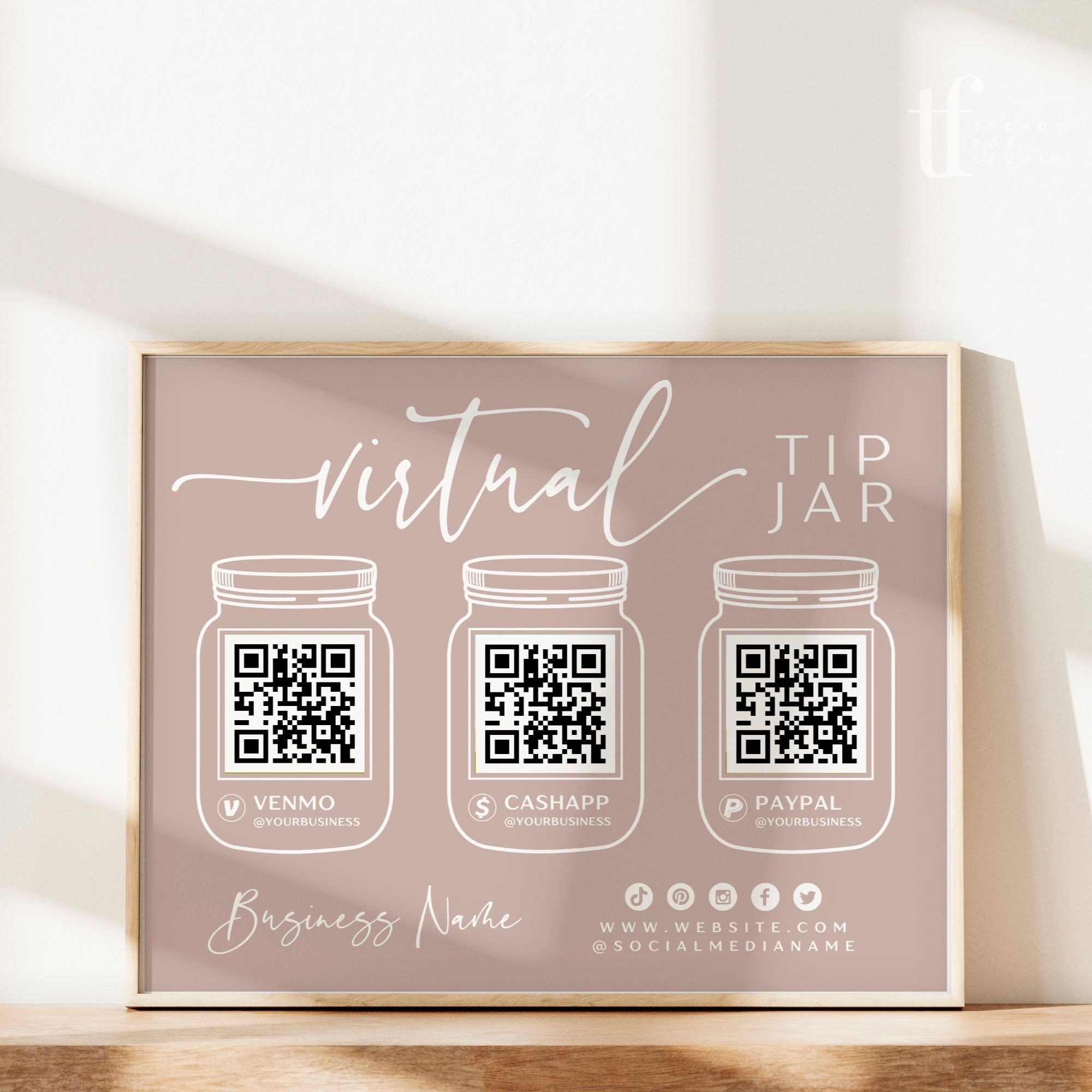 Blush Virtual Tip Jar QR Code Sign Canva Template | Vera - Trendy Fox Studio