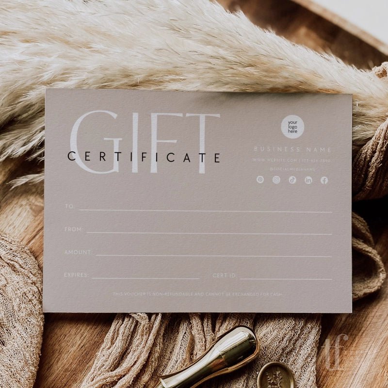 Boho Beige Gift Certificate Canva Template - Trendy Fox Studio
