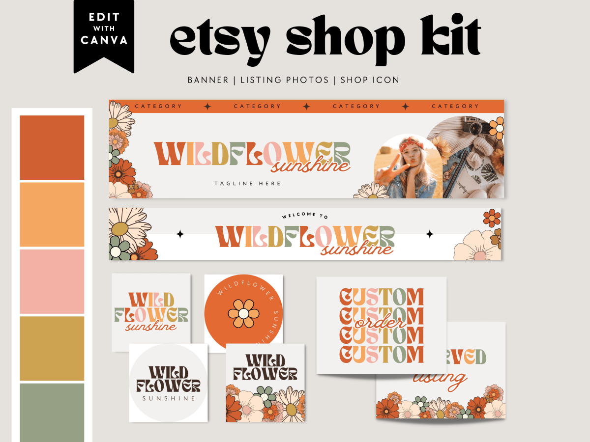 Boho Groovy 70s Etsy Shop Kit Canva Template | Etsy Banner, Listing Photos, Icon | Sol - Trendy Fox Studio