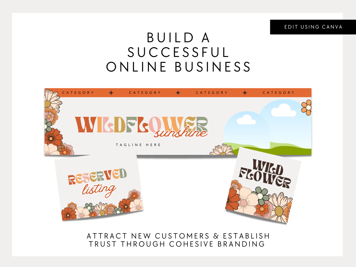 Boho Groovy 70s Etsy Shop Kit Canva Template | Etsy Banner, Listing Photos, Icon | Sol - Trendy Fox Studio