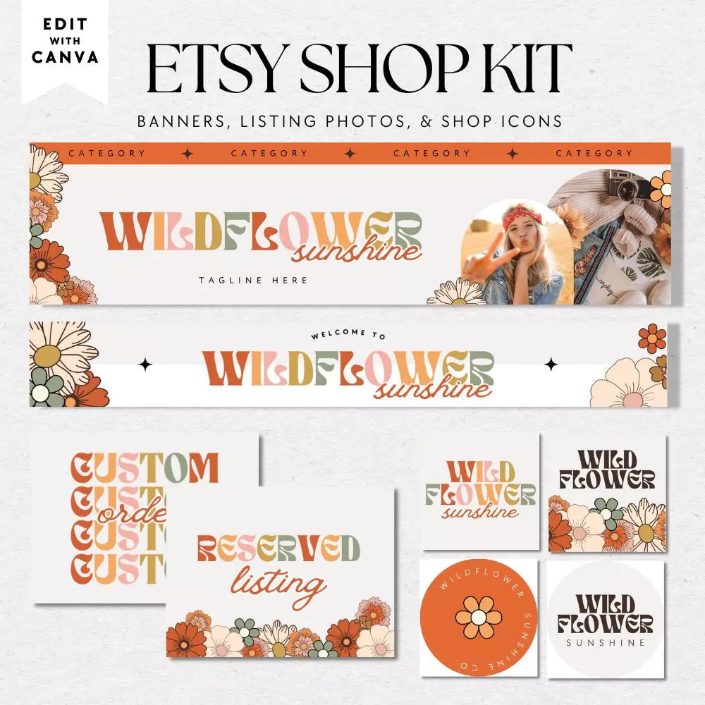 Boho Groovy 70s Etsy Shop Kit Canva Template | Etsy Banner, Listing Photos, Icon | Sol - Trendy Fox Studio