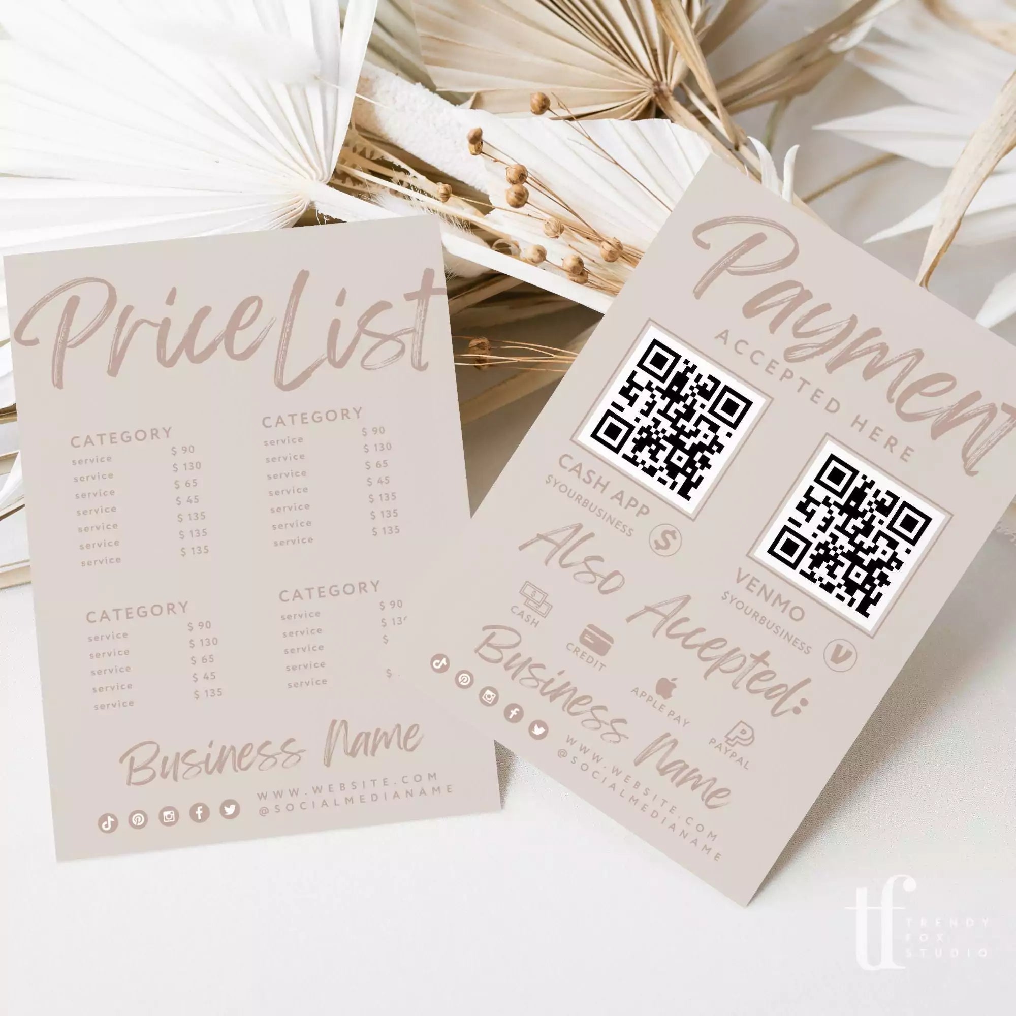 Boho Price List & Scan to Pay Sign Canva Template | Loxli - Trendy Fox Studio