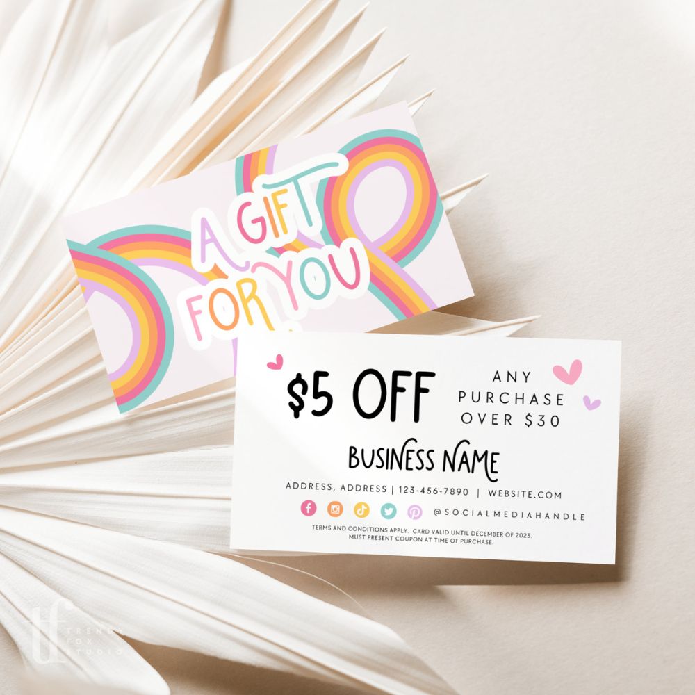 Cute Rainbow Coupon Card, Discount Card Canva Template | Amara - Trendy Fox Studio