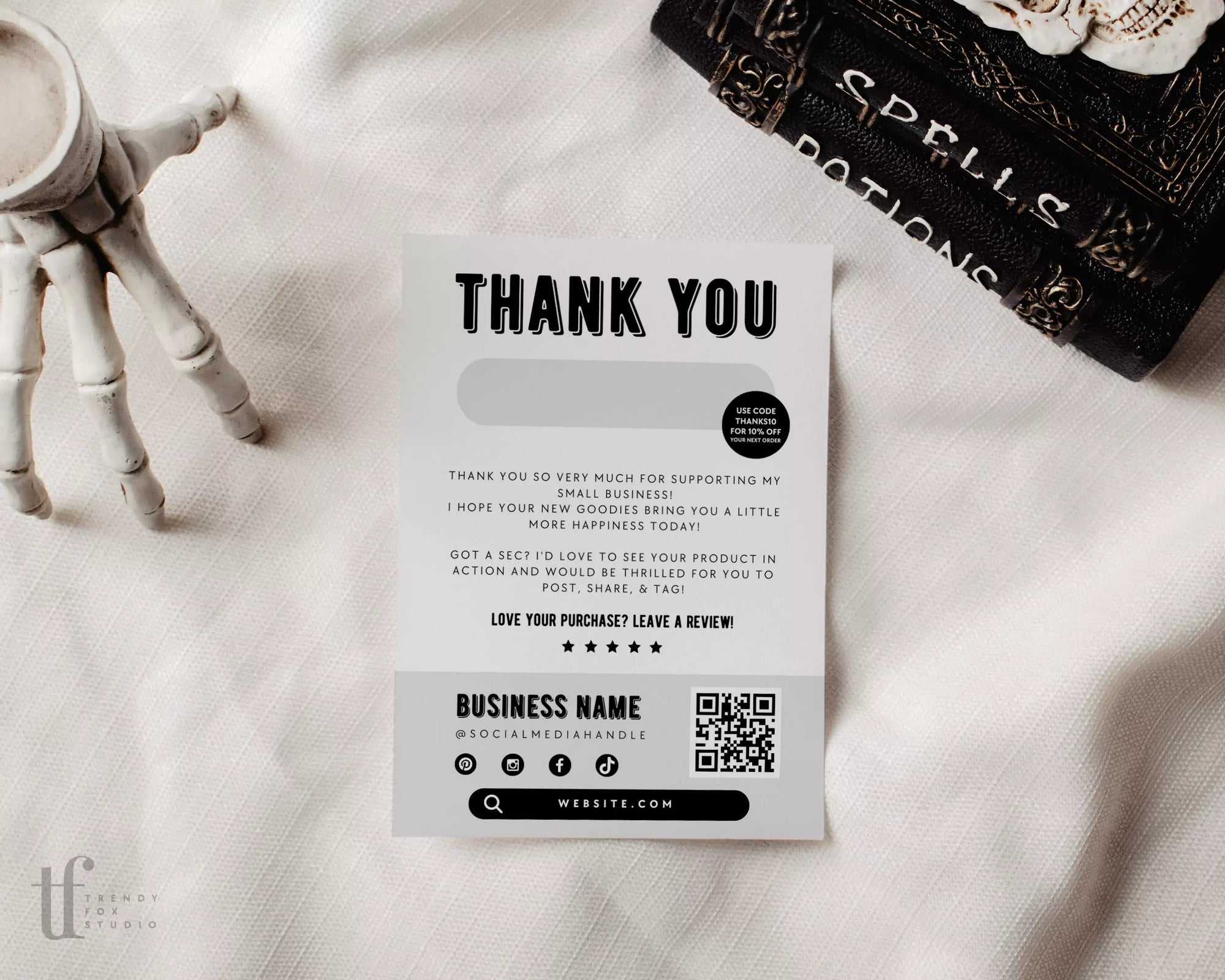 Gothic Skull Halloween Business Thank You Card QR Code Canva Template - Trendy Fox Studio
