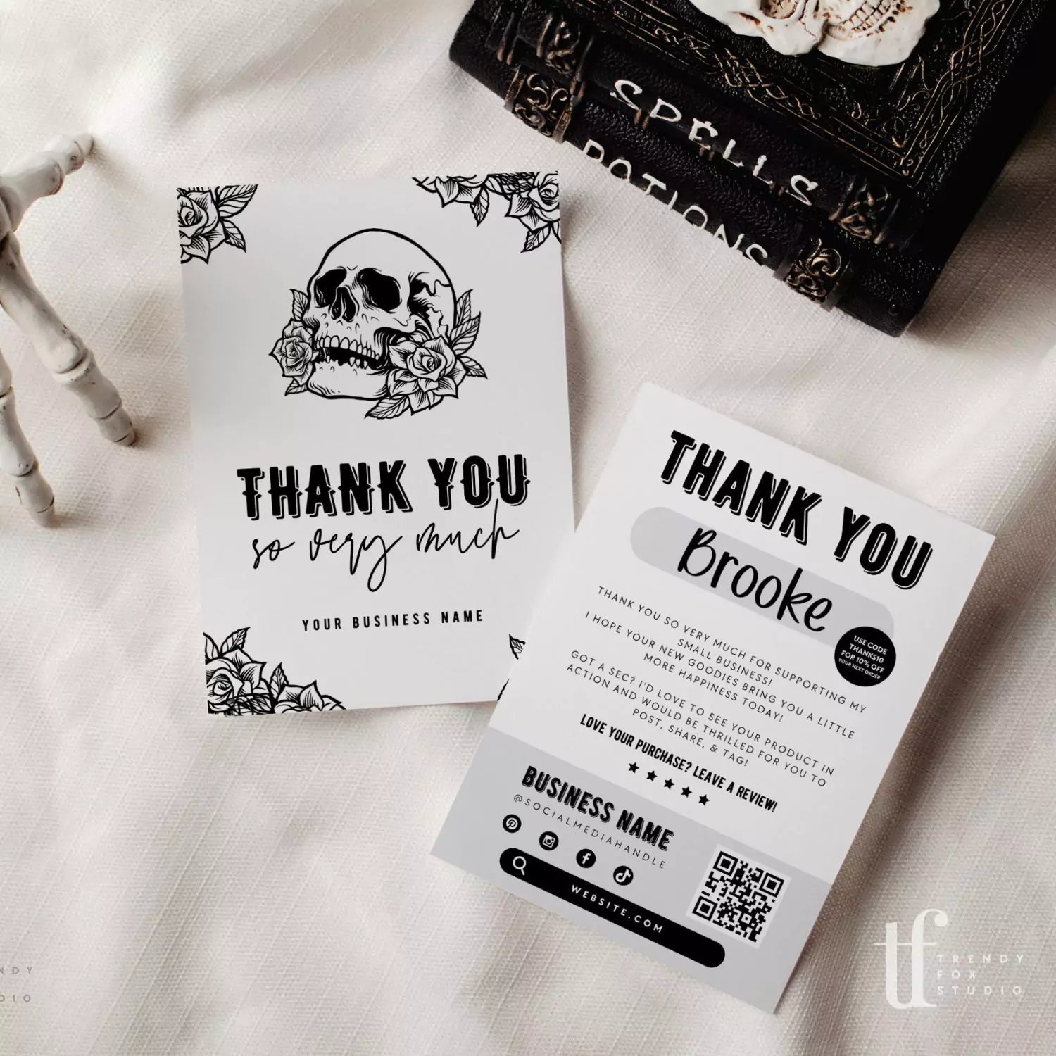 Gothic Skull Halloween Business Thank You Card QR Code Canva Template - Trendy Fox Studio