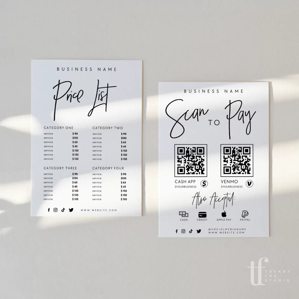 Minimalist Scan to Pay Sign & Price List Sign Canva Template | Dusk - Trendy Fox Studio