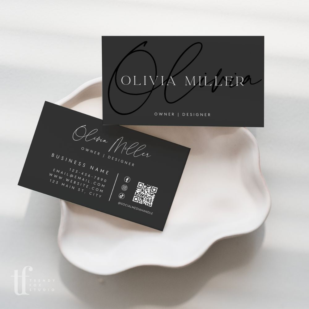 Modern Black Business Card with QR Code Canva Template | Ayla - Trendy Fox Studio