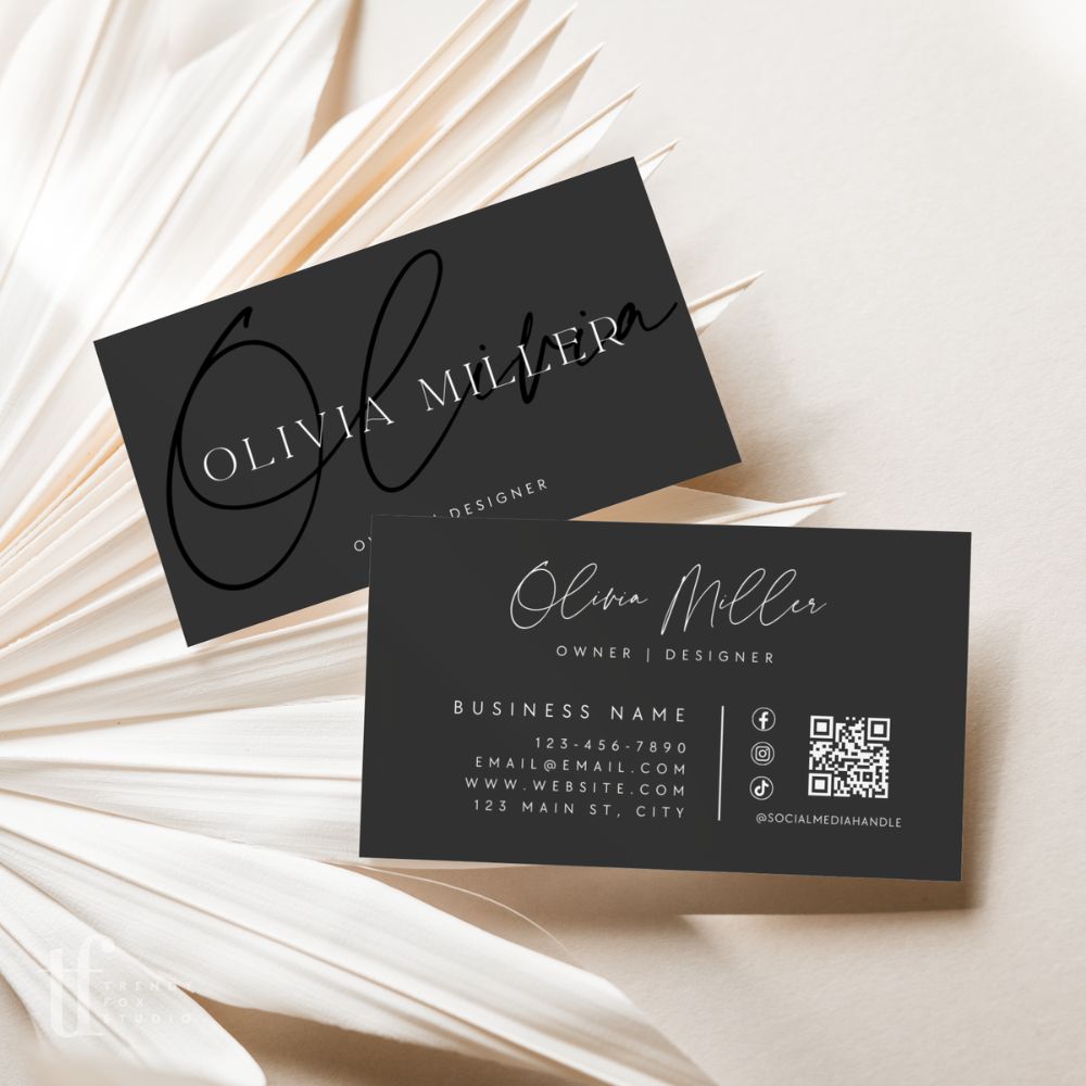 Modern Black Business Card with QR Code Canva Template | Ayla - Trendy Fox Studio