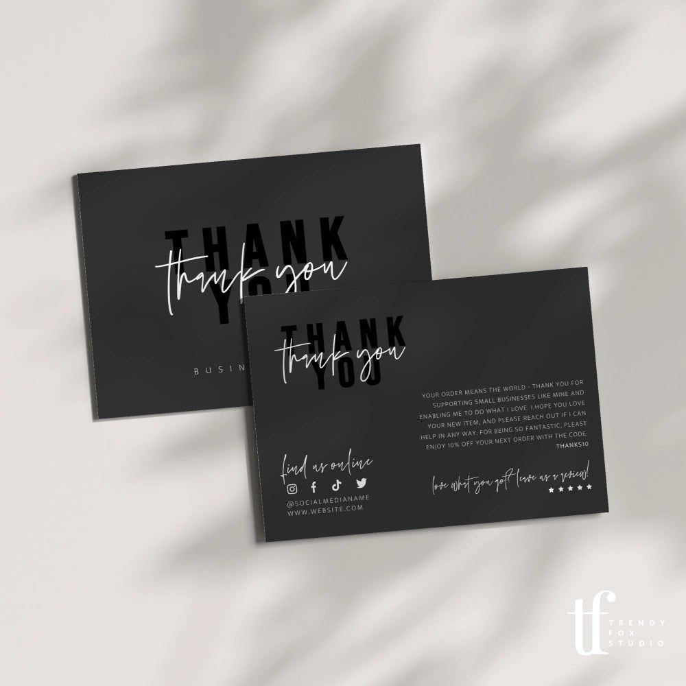 Modern Black Business Thank You Card Canva Template | Skye - Trendy Fox Studio