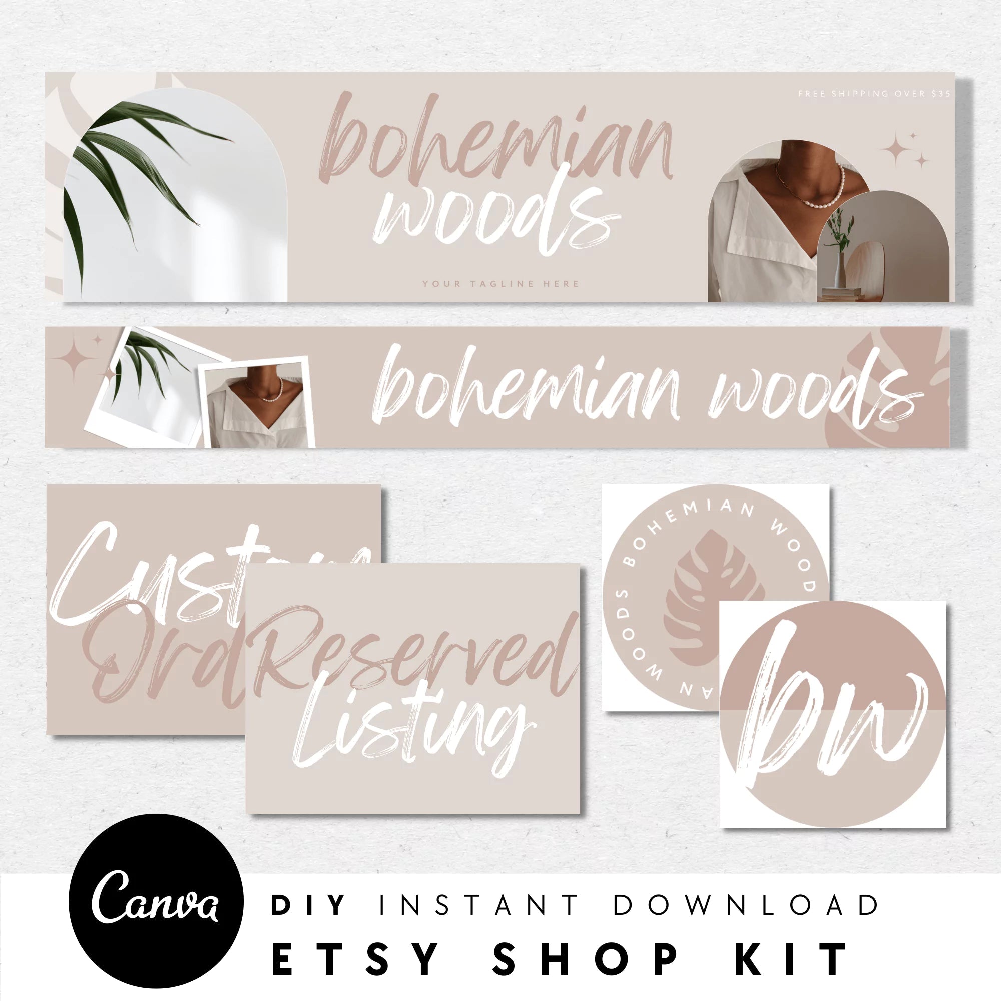 Modern Boho Etsy Shop Kit Canva Template | Etsy Banner, Listing Photos, Icon | Loxli - Trendy Fox Studio