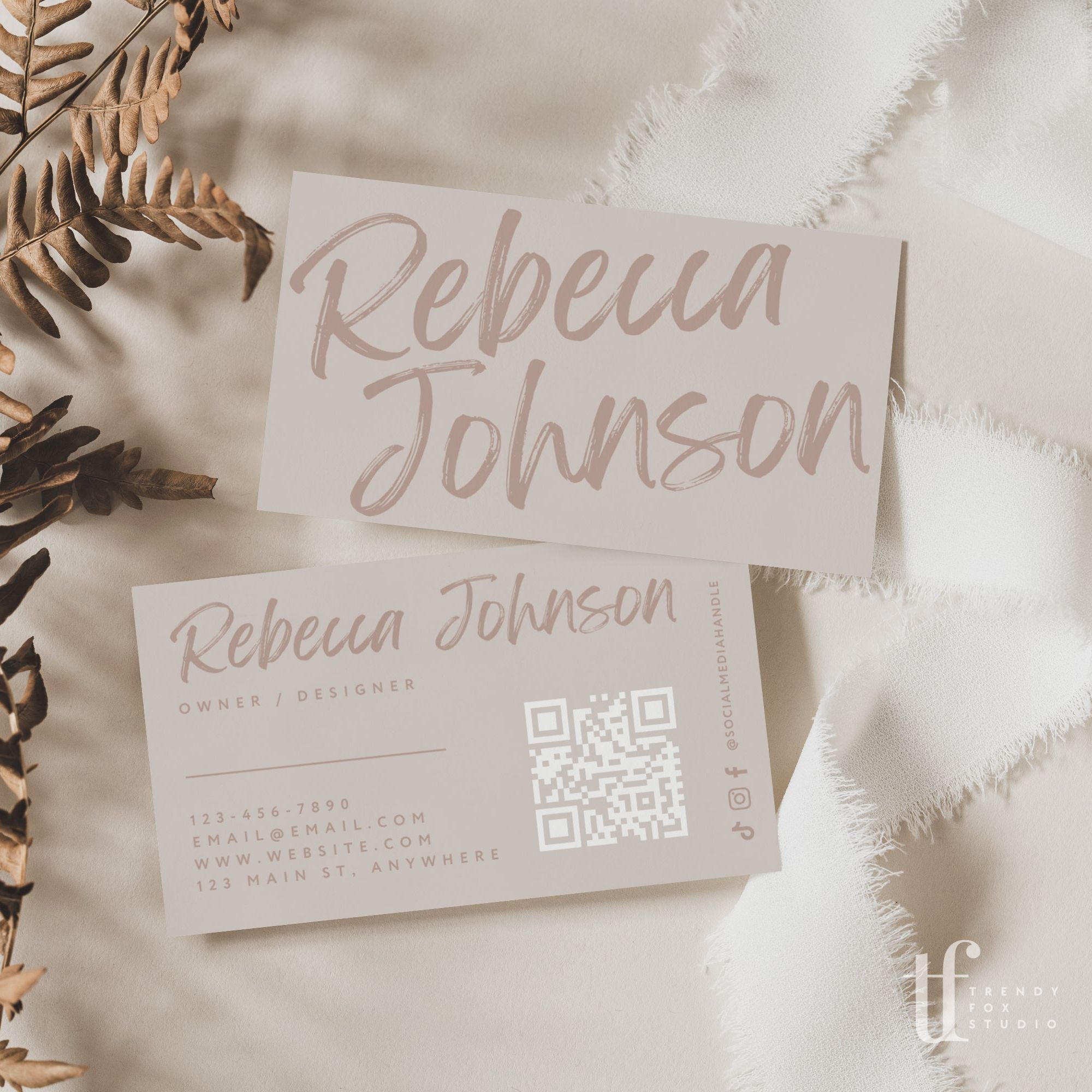 Neutral Business Card with QR Code Canva Template | Loxli - Trendy Fox Studio